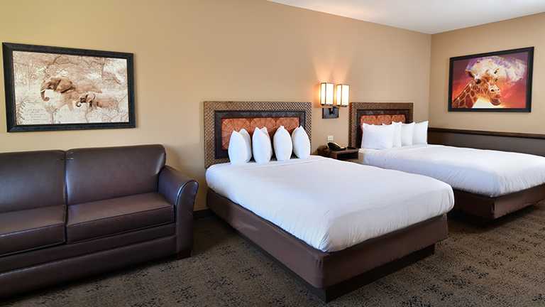 an overview of inside the Desert Room. Consists of beds and couch